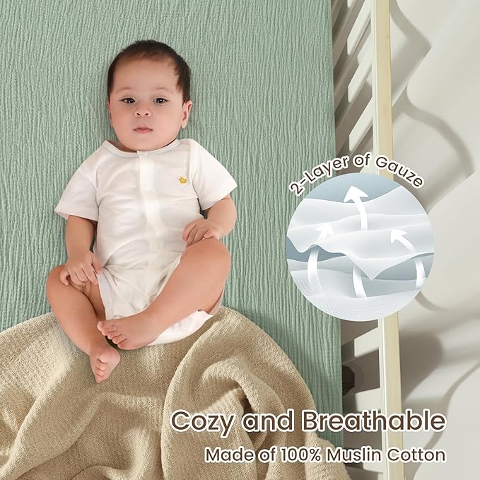 david's kids Muslin Mini Crib Sheets, 2 Pack Cotton Pack N Play Sheets for Boys Girls Neutral, Soft Breathable Baby Sheets Fit Pack N Play, Playard and Mini Crib Mattresses, Light Gray & Sage Green