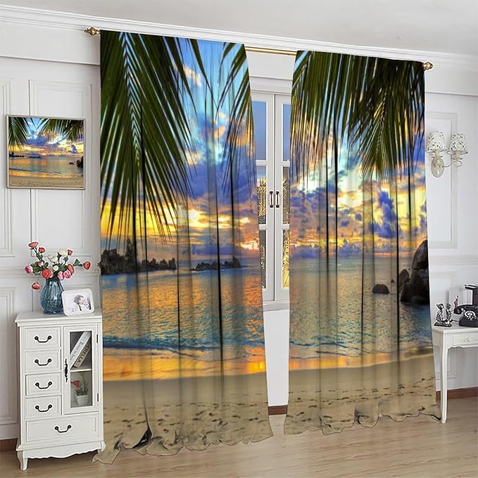 Ocean Beach Curtains,Sunset on Beach in The Evening Hawaiian Seaside Scene Pattern Blackout Print Home Bedroom Living Room Window Treatments 2 Panel Set 55x63 Inch