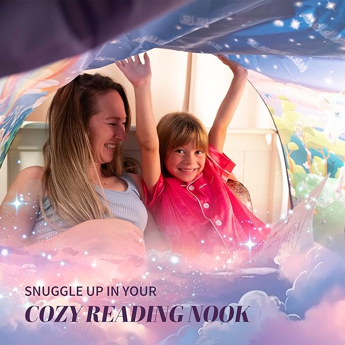 Unicorn Themed Toddlers Canopy Tent for Bed | Magical Glow-in-The-Dark Elements & Friendship Affirmations | Cozy Kids Bed Tent Twin for Bedtime Reading Nook & Imaginative Play