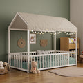 Montessori Style Metal Floor Bed Frame, House Shaped Bed with Fence for Kids and Toddlers, Easy Assemble, No Slats, Twin Size, White