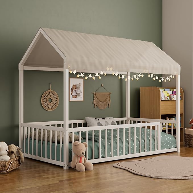 Montessori Style Metal Floor Bed Frame, House Shaped Bed with Fence for Kids and Toddlers, Easy Assemble, No Slats, Twin Size, White