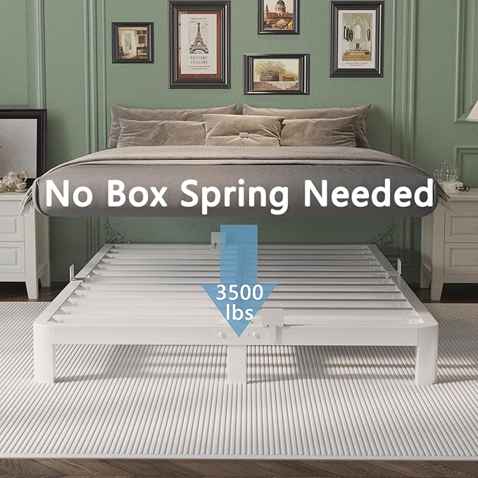4 Inch Full Size Bed Frame with Metal Gaskets, White Bed Frame Full No Box Spring Needed, Rounded Corner Design, Heavy Duty Steel Platform Support, Noiseless, Easy Assembly