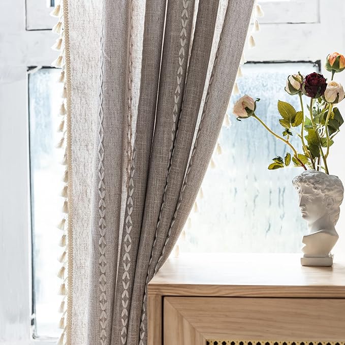 Deeprove Boho Curtains 96 Inches Long for Nursery Bedroom Christmas Decor, Vintage Bohemian Embroidery Weighted Cotton Linen French Country Window Treatments with Tassel,Natural W52 x L96, 1 Panel
