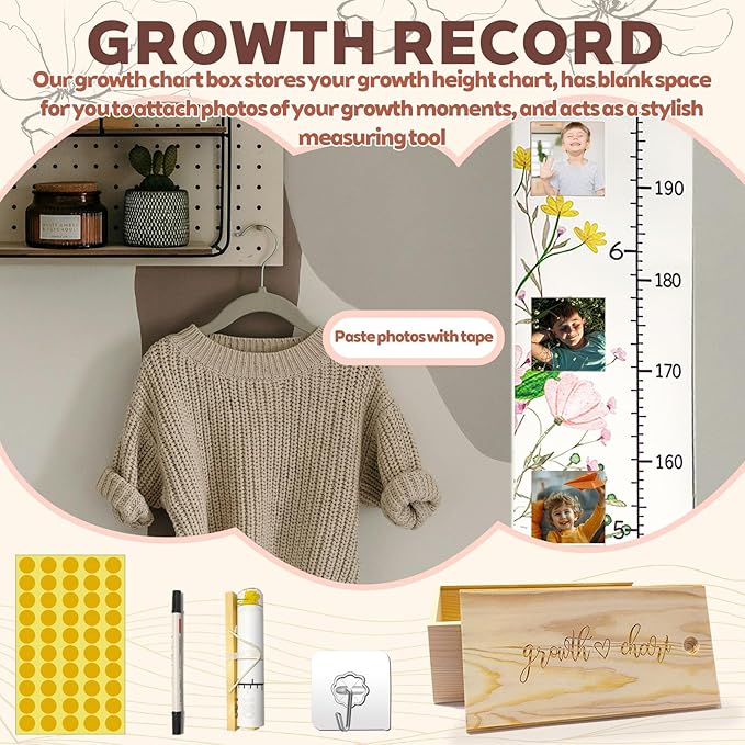 Wild Natural Flowers Baby Growth Height Chart with Keepsake Box Hook Pen Set 79 Inches Removable Ruler Measuring Chart Waterproof Canvas Measure Removable Wall Decor for Baby Kids Toddlers