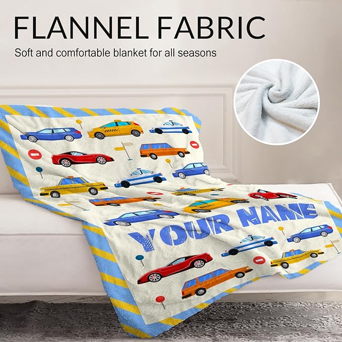 Personalized Car Blanket for Car Lovers - 50" x 60" Inches Blue Warm Furry Throw Blanket Gift - Cartoon Throw for Sofa, Work, Living Room