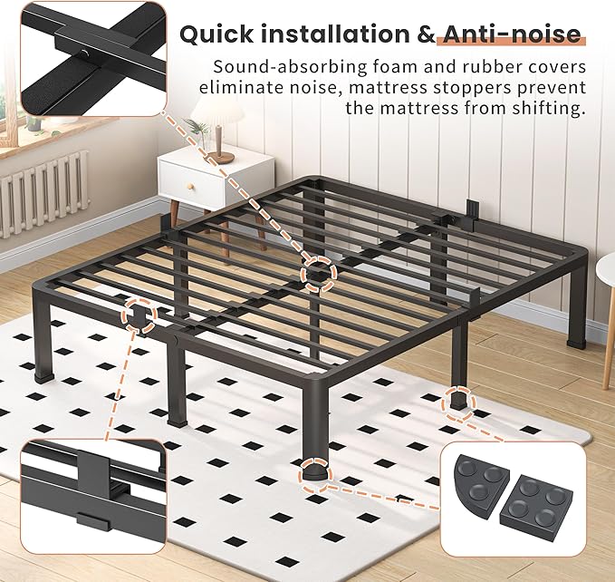 20 Inch Queen Heavy Duty 3500 lbs Bed Frame with Round-Corner Legs & Anti-Squeak Design – Quick Assembly Metal Platform, No Box Spring Needed