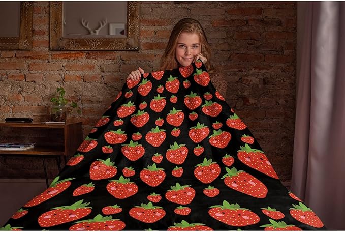 Thuswarm Cute Strawberry Kawaii Black Flannel Throw Blanket Warm Cozy Soft Funny Print Blankets for Bed Couch Sofa Room Decoration Gifts 120”×90” Extra Large for Family