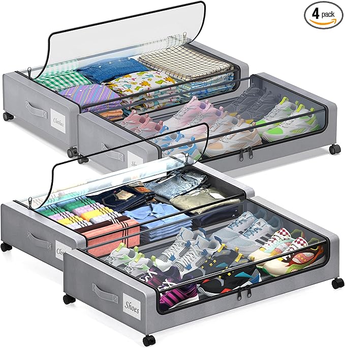 Under Bed Storage with Wheels, 4-Pack Under Bed Storage Containers with Clear Lids, XXL 60L Under the bed storage Organizer Bins, Rolling Under Bed Metal Drawer for Clothes,Shoes,Toys (Gray)