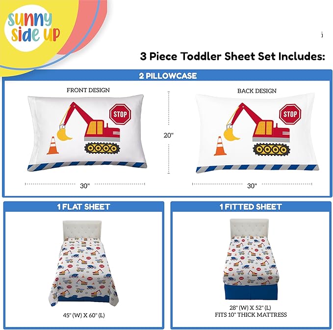 Sunny Side Up Construction Zone Toddler Sheet Set - 3 Piece Toddler Bedding Set Includes Pillow Cover - Super Soft Trucks Microfiber Sheets