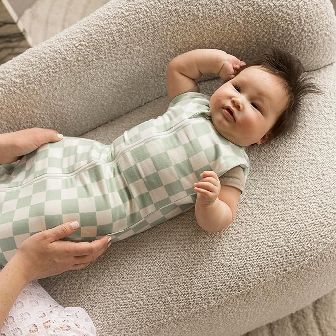 Tiny Twinkle Baby Sleep Sack 0-3 Months 1.0 TOG, Cotton & Elastane Wearable Blanket, Swaddle Transition Micro-Fleece, Machine Washable (Sage Checkers)