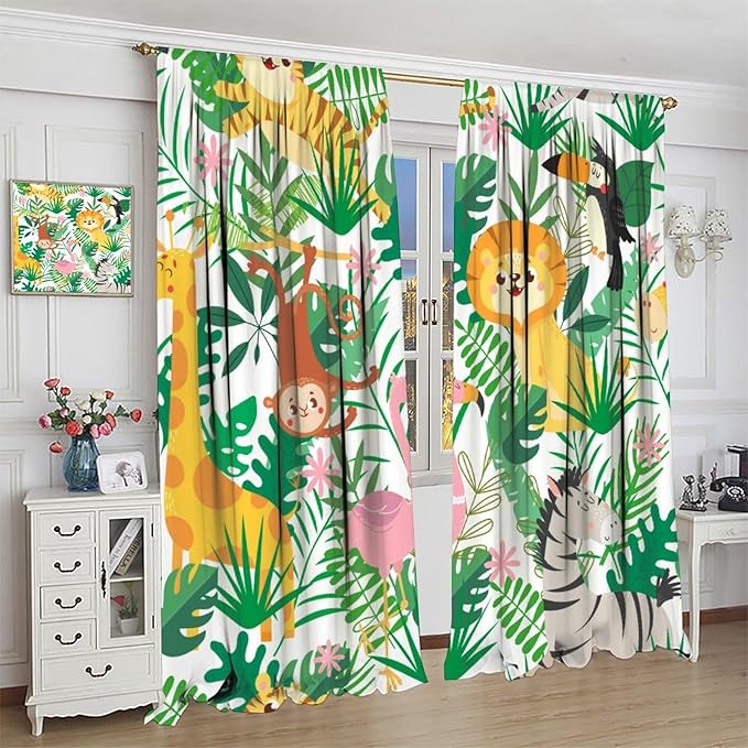 Jungle Animals Curtains Cartoon Cute Lion Giraffe Monkey Zebra Woodland Art Printed for Children Girls Boys Bedroom Nursery Rod Pocket Decoration Window Drapes 2 Panels W27.5xL63in