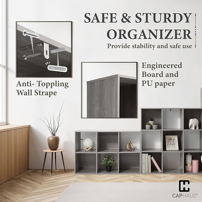 CAPHAUS 11-Inch Cube Storage Organizer Shelf, Home Storage Shelf Divider w/Back, 8-Cube Storage Bookcase, Greige Oak