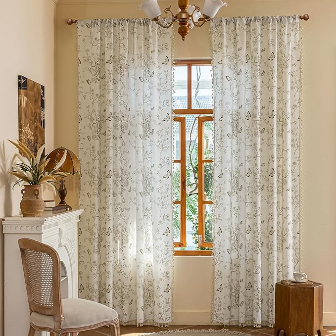 ENJOYBRIDAL Floral Curtains 63 Inch Length Boho Semi Sheer Drapes 2 Panels Bedroom Living Room Short Window Curtain Panels Farmhouse Rod Pocket French Country Vintage Cute Window Treatments