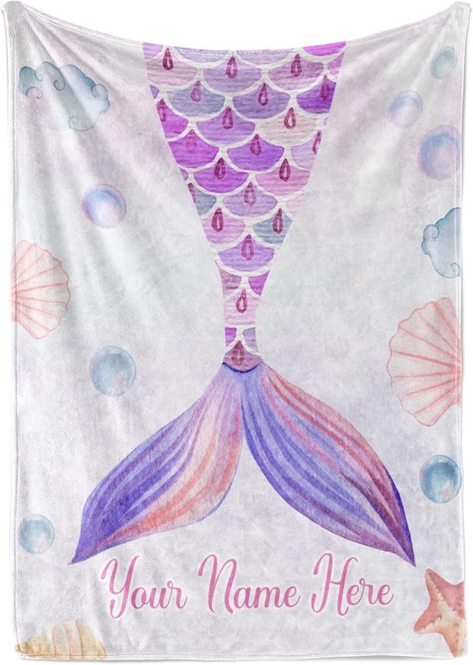 Personalized Blanket for Girls | Custom Mermaid Fleece Throw | Purple Kids Throw | Baby Girl Blanket for Room Décor | Girls Room | Kids Blanket | Mermaids (Fleece – 60x80)
