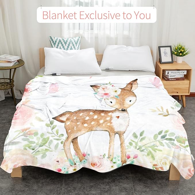 Custom Deer Blanket with Name for Girl, Personalized Name Blanket for Kids, Soft Flannel Deer Toddler Blanket Customized Gift for Birthday Christmas Children Day 40x50inch