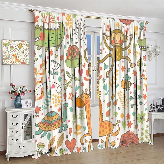 Cute Monkeys Curtains, Zoo Theme Cartoon Funny Animals Crocodile Giraffe Turtle with Flowers Print Thermal Insulation Window Drapes for Kids Boys Girls Baby Bedroom Living Room 63x72in