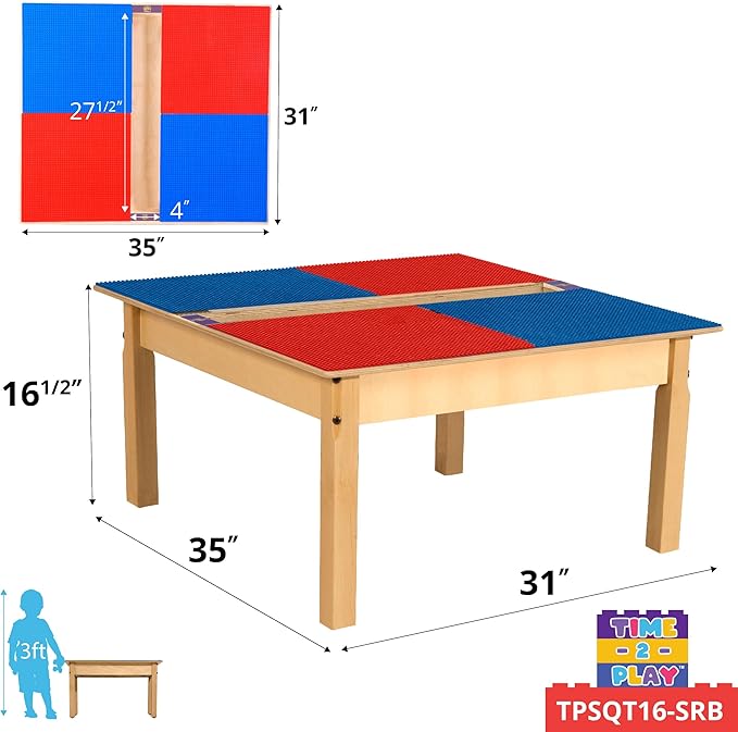Time-2-Play Montessori Toddler's 35" W Square Birch Plywood Red and Blue Compatible with Duplo Blocks Table with 16" Long Legs, Solid Wood Desk for Playroom/Daycare/Preschool
