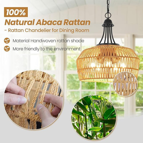 18.5'' Rattan Chandeliers for Dining Room, 5-Light Boho Pendant Light, Hand Woven Lampshade for Kitchen Island, Bedroom, Living Room, Height Adjustable