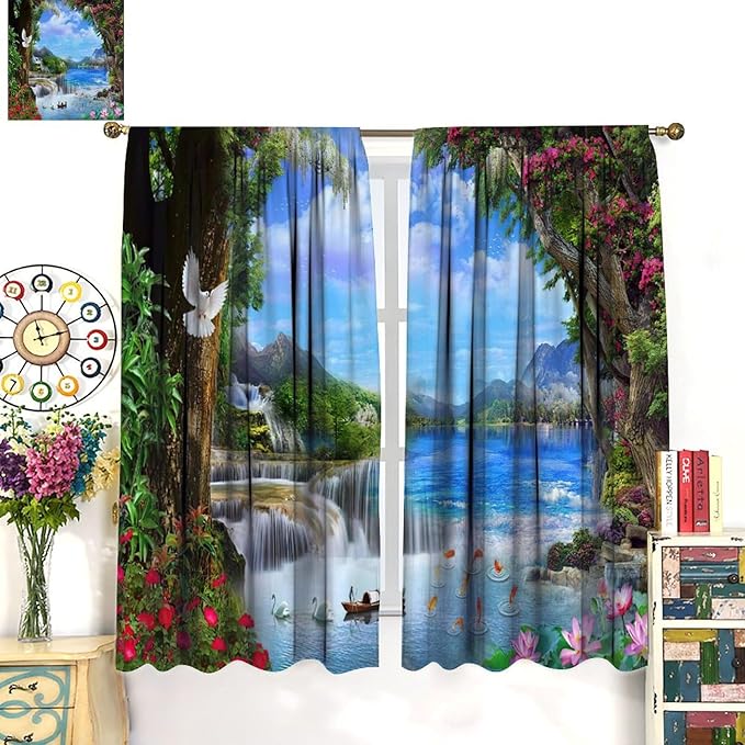Spring Jungle Waterfall Blackout Window Curtains, Tropical Rainforest Floral Tree Waterfall Landscape Print Window Drapes, for Living Room Bedroom 42x63in 2 Panels