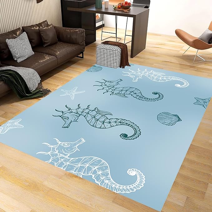 Seahorse Starfish Area Rugs, 5x8ft, Coastal Marine Animal Shell Nautical Rug for Bedroom, Pet Friendly Absorbent Carpet, Floor Decor Dirty Resistant Durable Mat for Bath Room Girls Boys