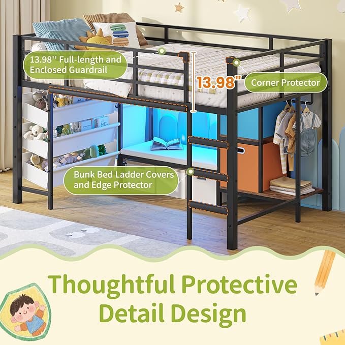 DICTAC Low Twin Loft Bed with Reading Corner,3 Sling Drawers and 2 Movable Storage Bins,Metal Twin Size Loft Bed for Kids with LED Lights and Storage Basket,13.98" H Safety Guardrail & Stairs, Black