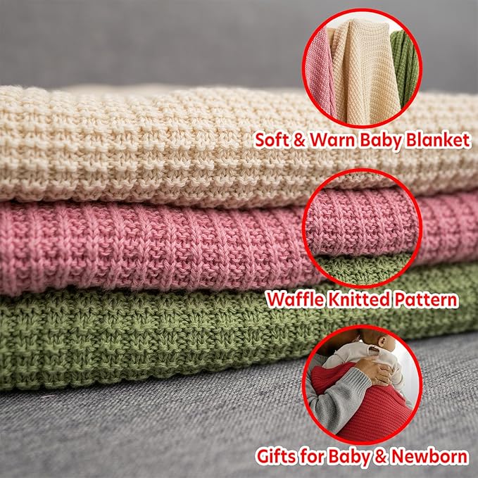 Baby Knit Blanket, 100% Cotton Waffle Patterns, Soft, Cozy, Lightweight Swaddle for Newborn & Infant Swaddling Beige Neutral, Perfect Baby Shower Ideas Red 28x36