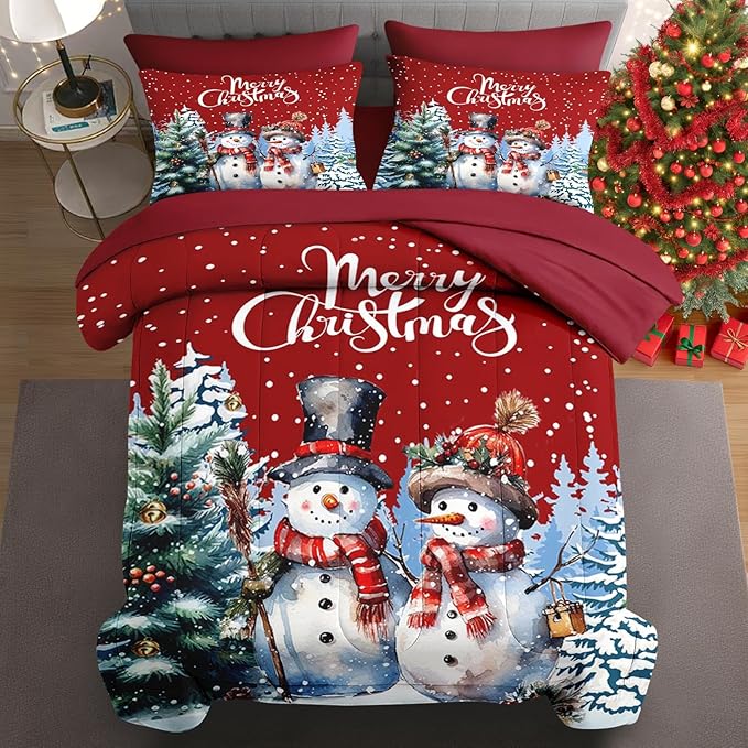 5 Pcs Twin Size Christmas Comforter Set with Pillowcase & Sham, Winter Wonderland Bedding for Kids and Adults, Happy Snowman Bed in a Bag with Flat Fitted Sheet