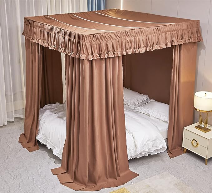 VETHIN Elastic Roof Style Four Corner Post Princess Bed Canopy Curtains Cozy Breathable Tent Canopy Mosquito Net for Girls & Adults Bedroom Decoration (Brown, 47-53" W*78" L*82"*H/(Twin-Full))