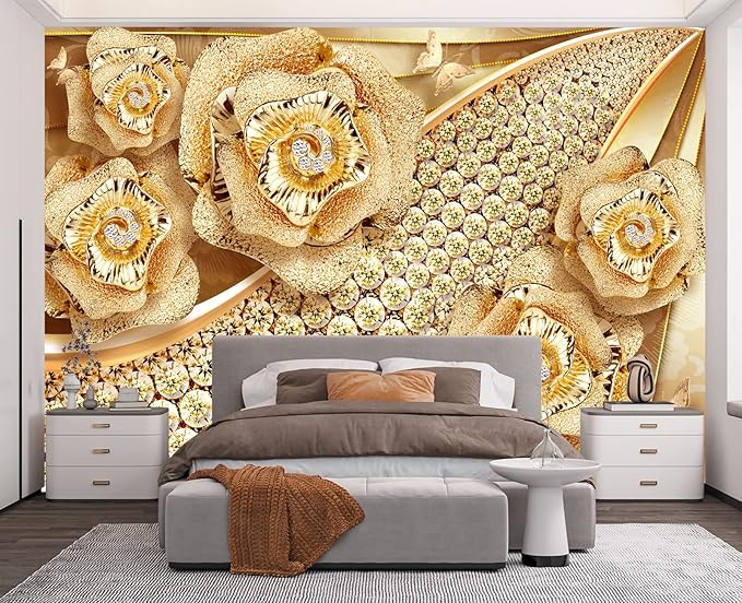 Golden Jewelry Diamond Rose Butterfly Wall Mural Wallpaper for Bedroom 103" x 69"