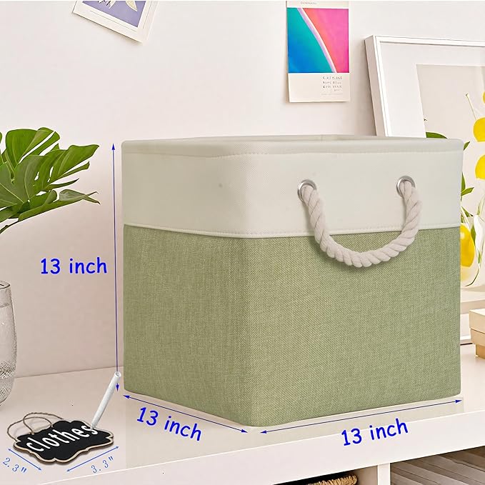 13 x 13 storage cubes[6 Pack],Cube Storage Organizer Bins with Rope Handles, Eco-Friendly Linen Collapsible Organizers for Closet, Nursery, Toys, Office, Bathroom – Dual Color Design.(White&Green)