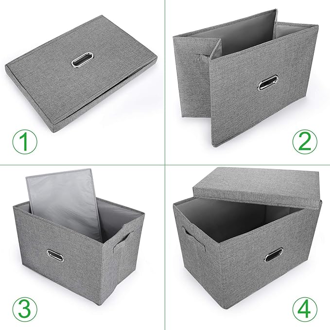 Linen Fabric Collapsible Storage Bins with Removable Lids and Handles, Washable Storage Box Containers Baskets Cube with Cover for Bedroom,Closet,Office,Living Room,Nursery (Grey, Medium)