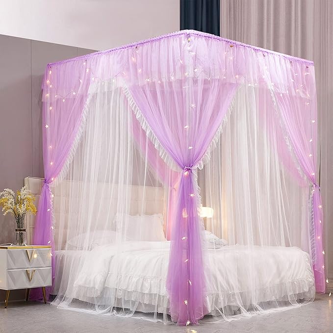 VETHIN 4 Corners Post Ruffle Princess Bed Canopy Curtain-Double Layer Cozy Drape Netting 4 Opening Mosquito Net for Girls Adults Bedroom Decoration (Double-Purple, 78" W*86" L*82"*H/(King))