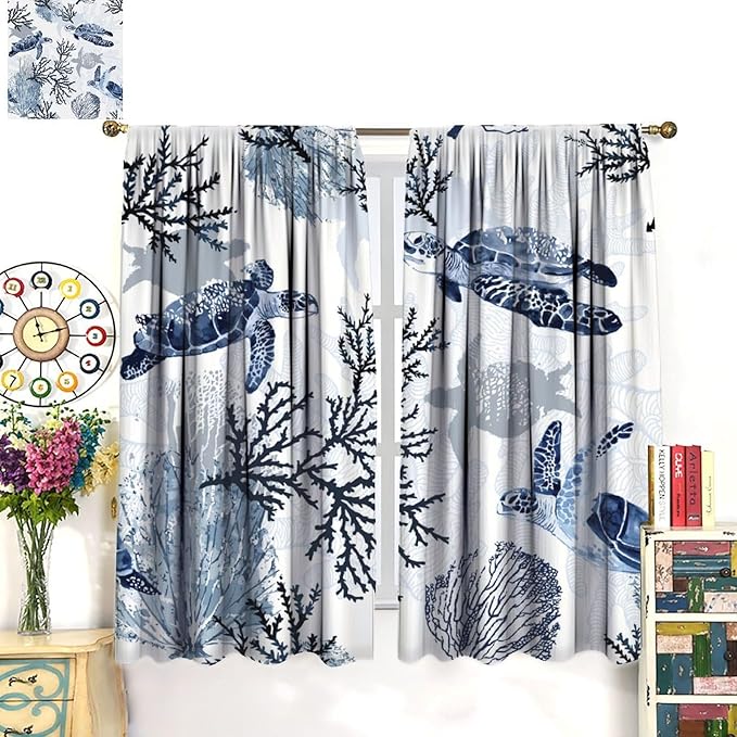 Coastal Nautical Curtains, Turtle Beach Sea Seashell Theme Pattern Blackout Print Home Bedroom Living Room Window Treatmen 2 Panel Set 42x54 Inch