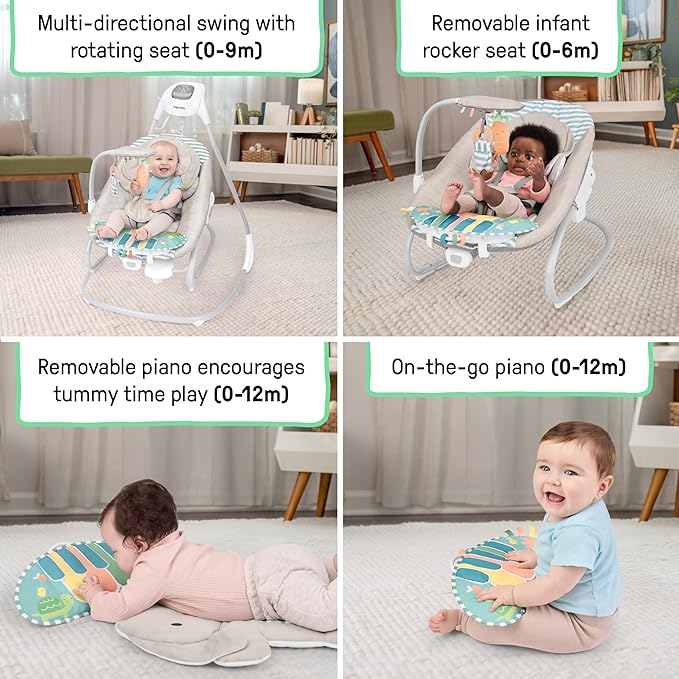 Ingenuity SimpleComfort Piano Playtime 4-in-1 Baby Swing & Rocker, Soothes & Grows with Baby, Rotating Seat Swings in 3 Directions, 6 Speeds & 12 Melodies, Removeable Rocker Seat, 0 Months to 2 Years