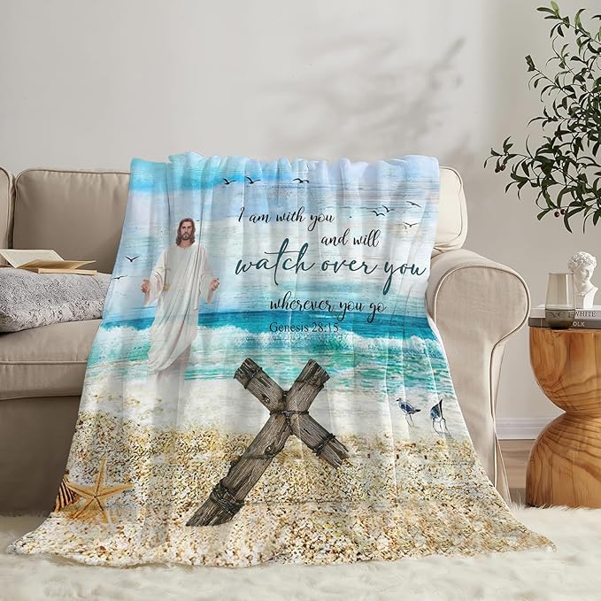 Tijuboni Christian Religious Jesus Throw Blanket Ocean Beach Gifts for Women Men Girls Boys Kids Adults Soft Flannel Fleece Blanket for Couch Sofa Bed Home Decor 40"x50"
