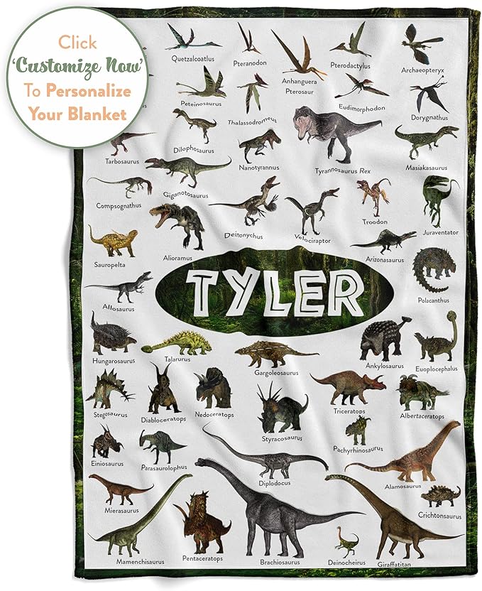 Personalized Dinosaur Blanket for Kids, Ships Next Day - Dino Throw Blanket for Boys and Girls, Toddler Bed, Room & Bedroom Decor - Educational Blankets for Children - USA Based (60x80, Fleece)