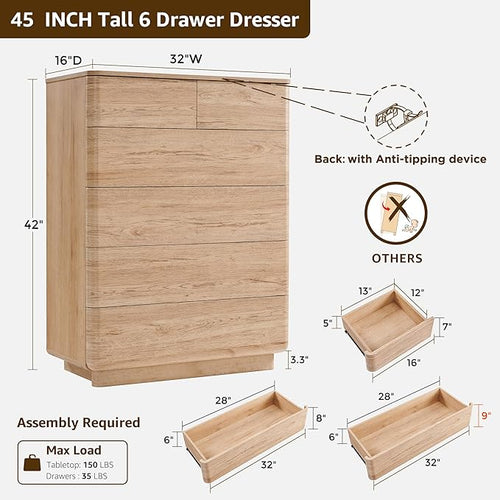ACCOHOHO 6 Drawer Dresser for Bedroom, 42 Inch Tall Modern Chest of Drawers, Push-to-Open Wood Storgae Organizer with Large Drawers for Bedroom, Living Room, Hallway, Natural Oak