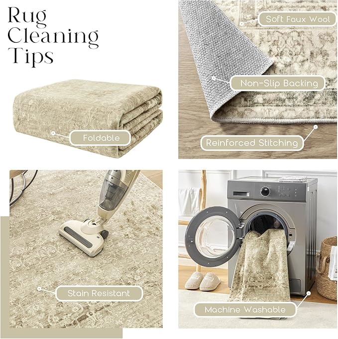 Boho Kitchen Rug Washable,2x3 Non Slip Farmhouse Neutral Small Area Rug for Bathroom Bedroom Indoor Entrway Ultra Thin Fit Under Door,Tan Brown and Cream Beige