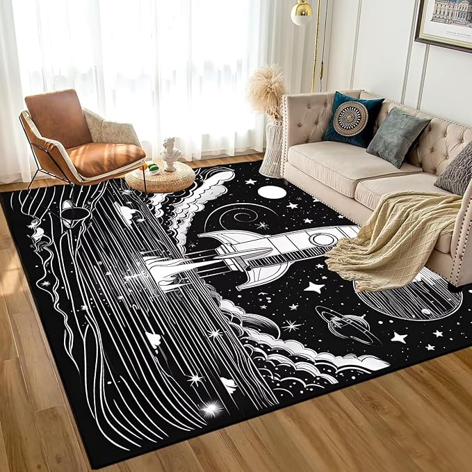 5' x 7' Space Rocket Rug for Kids Bedroom Black Stars Rugs Galaxy Carpet Planet Printed Throw Rugs for Boys Children Living Room,150x210cm