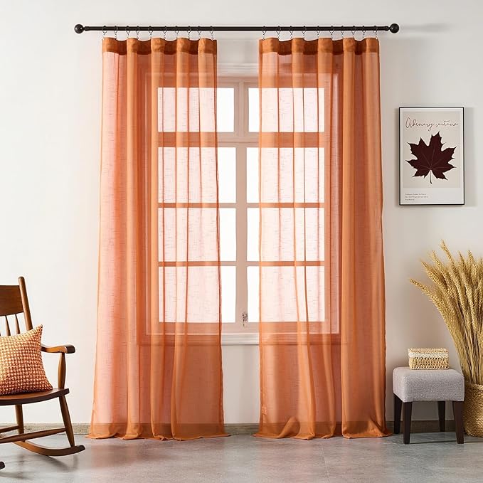Burnt Orange Curtains Sheer 90 Inches Long, Rustic Linen Look Textured Light Filtering Drapes Decor, Western Boho Transparent Window Treatments, Pinch Pleat Curtain with Hooks