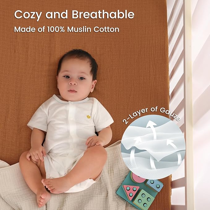 david's kids Muslin Crib Sheets for Boys Girls, 2 Pack 100% Cotton Soft Breathable Fitted Baby Sheet Set, 28x52 Inch Fits Standard Crib and Toddler Mattresses, Beige & Brown