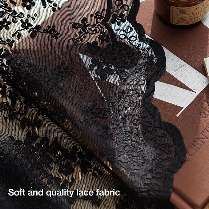 Anmao Vintage Lace Kitchen Curtains 36 Inches Long 2 Panels, Romantic Semi Sheer Floral Over Sink Lacy Cafe Curtain, Elegant Window Short Small Drapes, 55W x 36L, Black