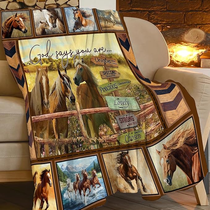 Horse Blanket Motivational God Say You are Throw Blankets Gifts for Girls Boys Cozy Warm Soft Fuzzy Flannel Throws Plush Stuffed Animal Western Horses Fleece Gifts for Men Women for Sofa Bed 50"x40"