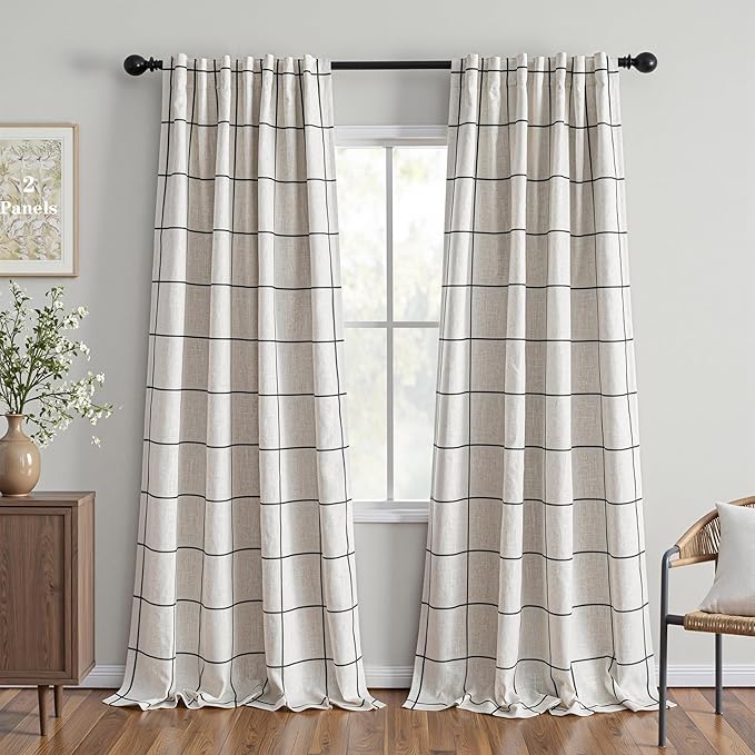 MYSKY HOME 100% Blackout Plaid Linen Curtains 95 Inches Long Double Layer Farmhouse Thermal Insulated Checkered Print Drapes with Rod Pocket Back Tab for Living Room Dining Room, 2 Pcs, 52"Wide, Black