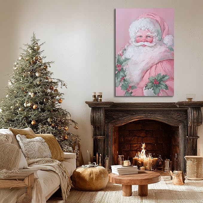 YONICA Christmas Canvas Wall Art Pink Santa 24x36 Inch Soft Pastel Holiday Art for Nursery - Large Framed Gallery Wrapped Kids Room Decor