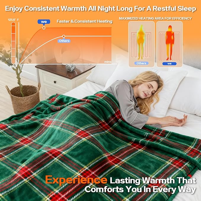 Electric Blanket Heated Throw, Soft Flannel 50"x60" Plaid Heating Blanket with 8 Hours Auto Off 10 Fast Heating Levels Machine Washable Sherpa Heated Blanket with Overheating Protection