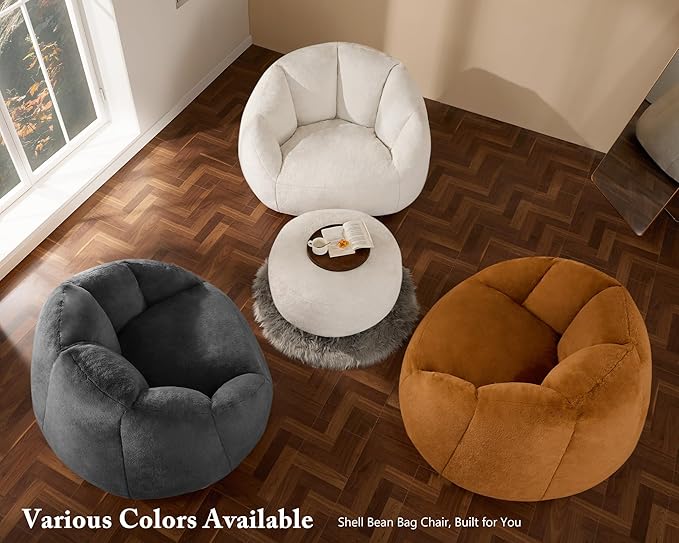Giant Bean Bag Chaise Lounge Indoor Chair for Adults with Ottoman - Comfy Plush Round Shell Soft Accent Chair, Oversized Cozy Floor Sofa for Living Room, Bedroom & Game Rooms, Beige
