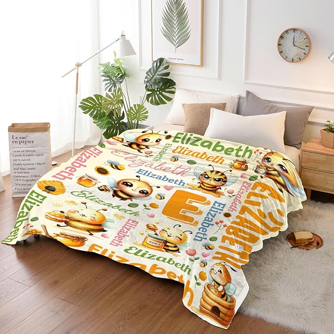 Personalized Custom Honey Bee Blanket Gifts for Kids Boys Girls with Name - Customized Honey Bee Super Soft Lightweight Flannel Sheets Decor for Crib Nap Couch - 50"x60" for Teens