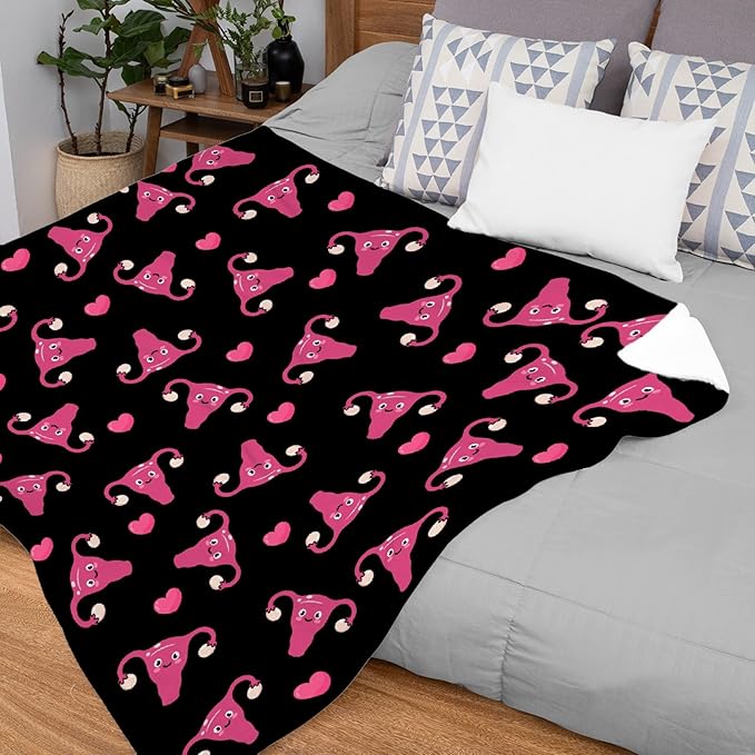 Thuswarm Cute Uterus Heart Flannel Throw Blanket Warm Cozy Soft Funny Print Blankets for Bed Couch Sofa Room Decoration Gifts 120"×90" Extra Large for Family