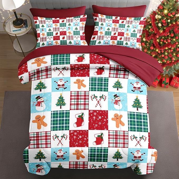 7 Pcs Queen Size Christmas Comforter Set with 2 Pillowcases & 2 Shams, Colorful Plaid Snowman Bedding for Kids and Adults, Cute Gingerbread Man Bed in a Bag with Flat Fitted Sheet